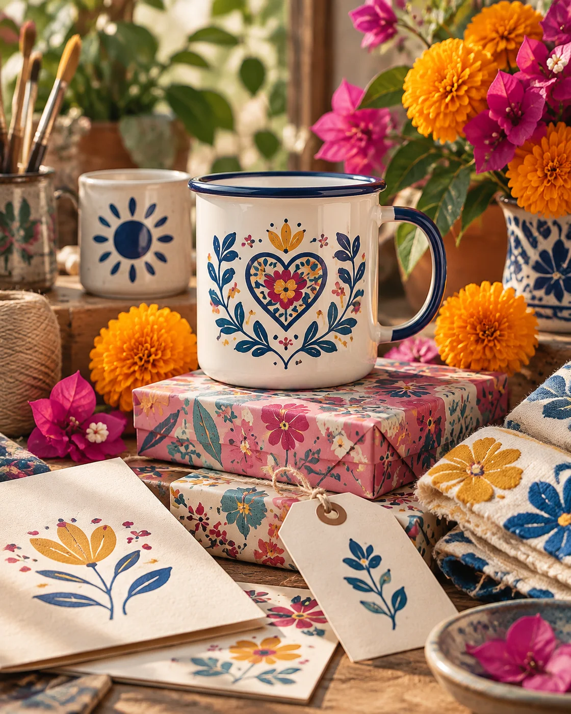 Inspiración de nuestro universo: tazas ilustradas, papel floral y flores de cempasúchil