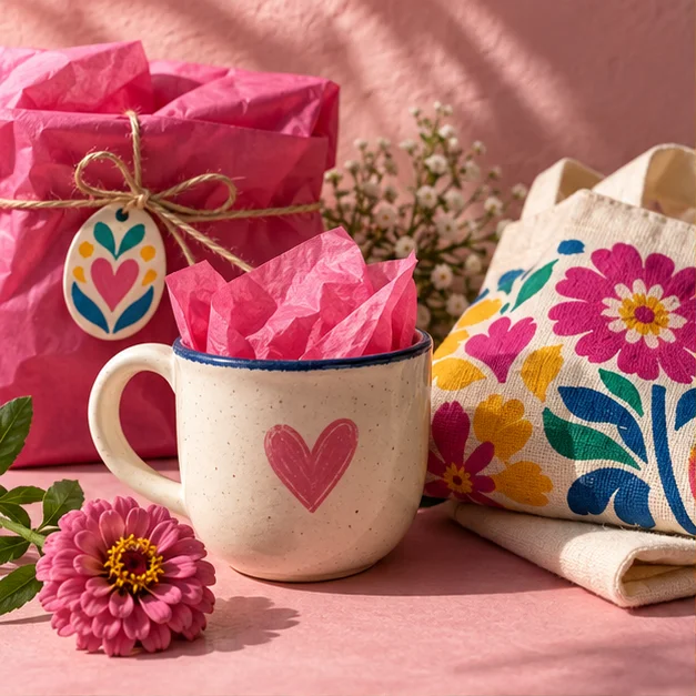 Inspiración para regalos: taza con corazón, bolsa floral y papel rosa