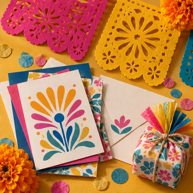 Inspiración para fiestas: invitaciones florales y papel picado de colores