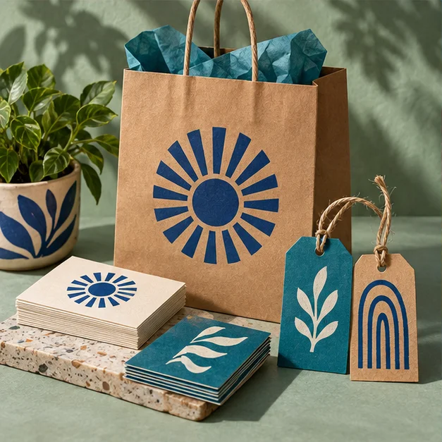 Inspiración para marcas: bolsa de papel, tarjetas y etiquetas coordinadas