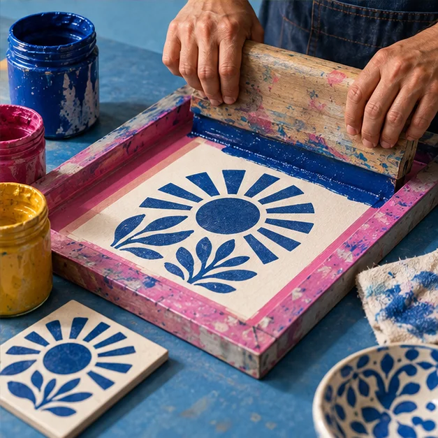 Inspiración de taller: impresión artesanal con tintas azules y rosas